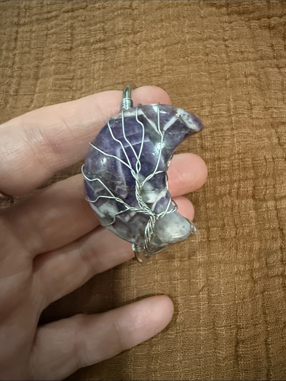 Handcrafted Amethyst Crescent Moon Pendant with Wire Tree